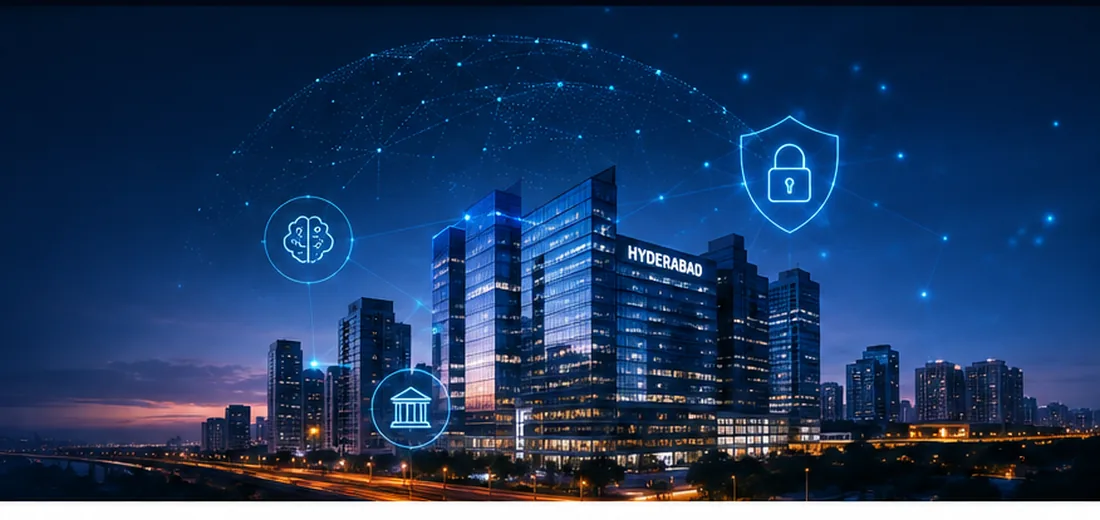 Hyderabad technology district represented as a connected enterprise AI and cybersecurity ecosystem